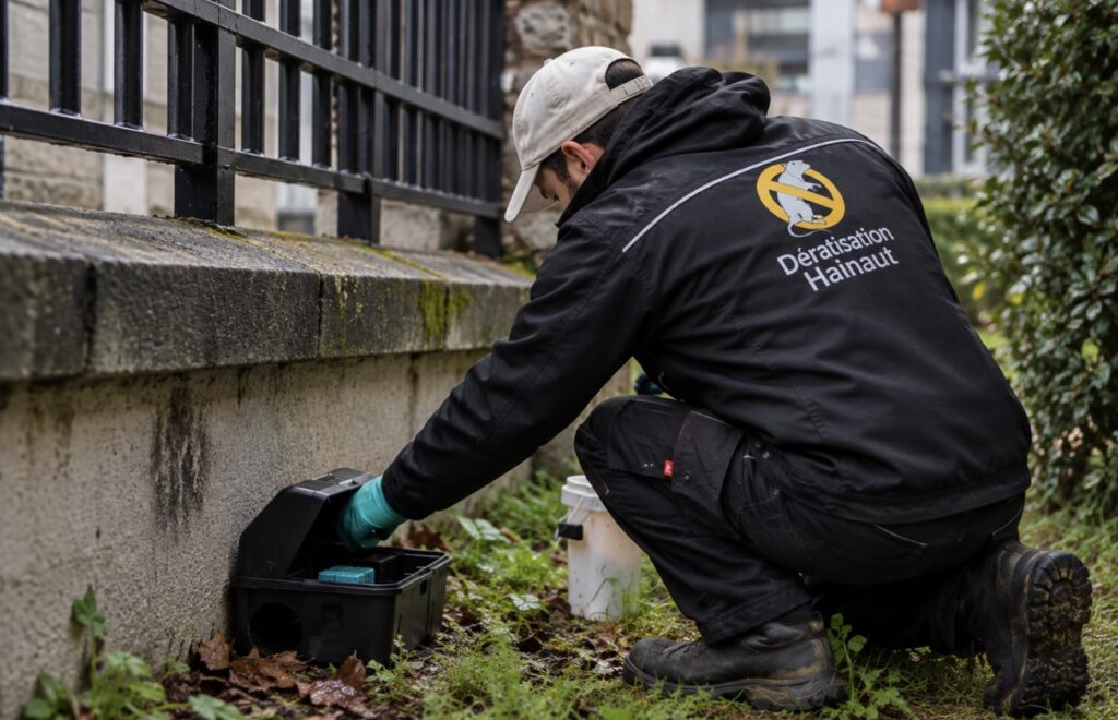 Technicien en dératisation lors d’une intervention contre les rats à Tournai dans le Hainaut