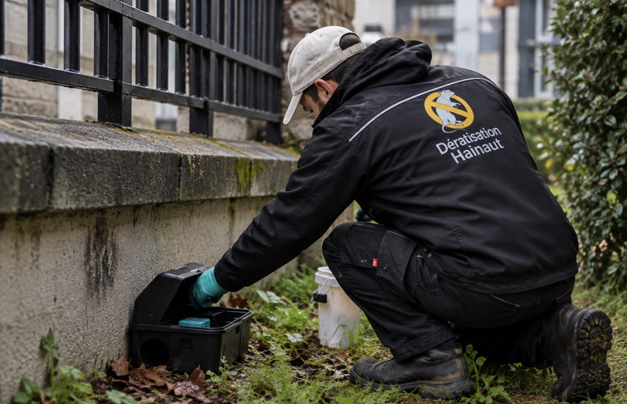 Technicien en dératisation lors d’une intervention contre les rats à Tournai dans le Hainaut