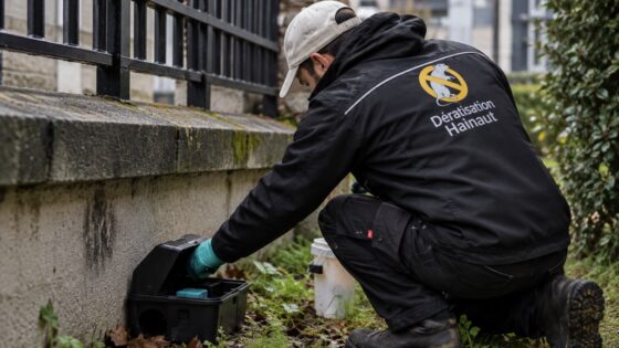 Technicien en dératisation lors d’une intervention contre les rats à Tournai dans le Hainaut